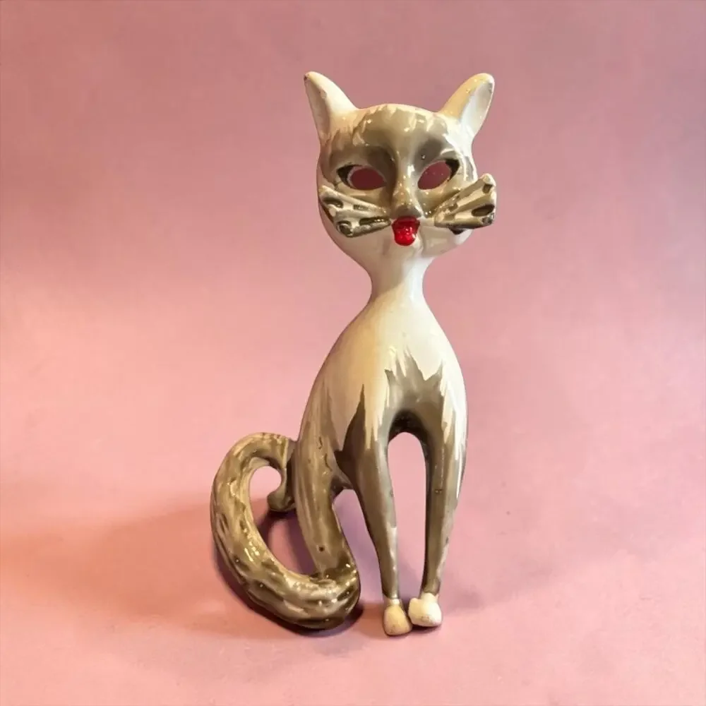 Vintage White Enamel Mod Cat Brooch Red Nose Mid Century Atomic Kitty Pin